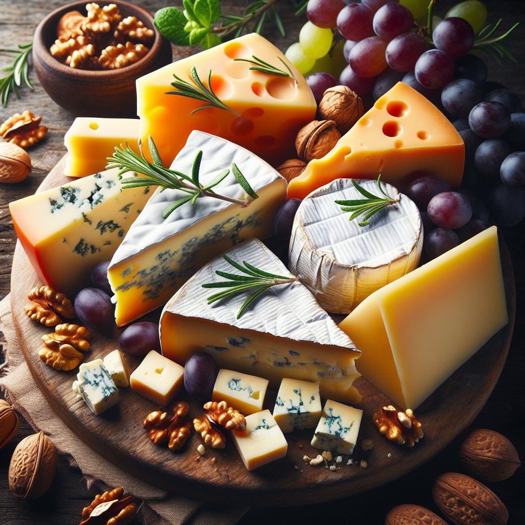 Assortment of high-fat cheeses, grapes, and nuts on a wooden board
