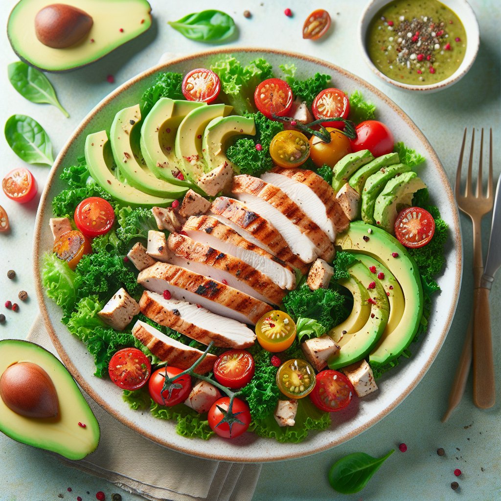 Vibrant keto chicken salad plate with grilled chicken, avocado, cherry tomatoes, kale, and a high-fat dressing promoting the benefits of the keto diet for weight loss and improved energy levels.