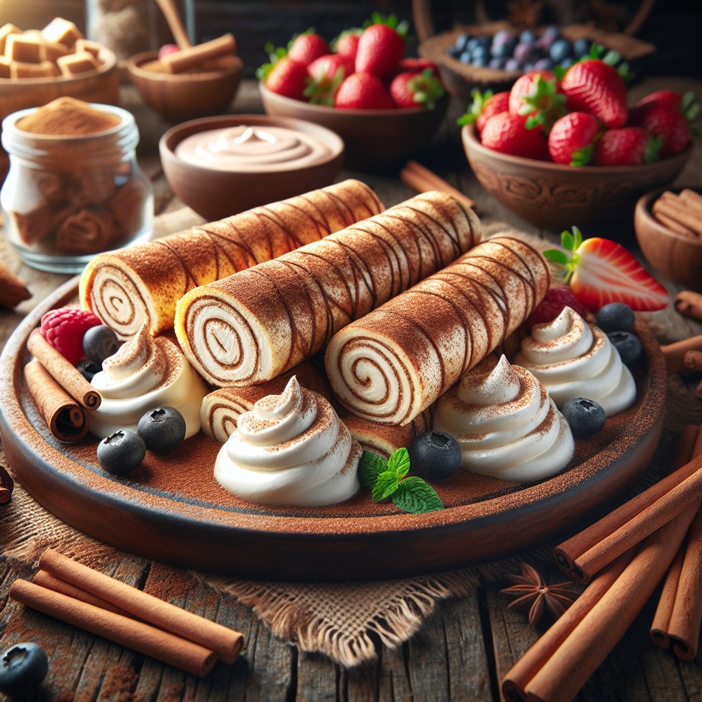 A platter of mouthwatering keto-friendly cinnamon cream cheese roll ups on a rustic wooden surface, surrounded by fresh berries and keto-friendly whipped cream.