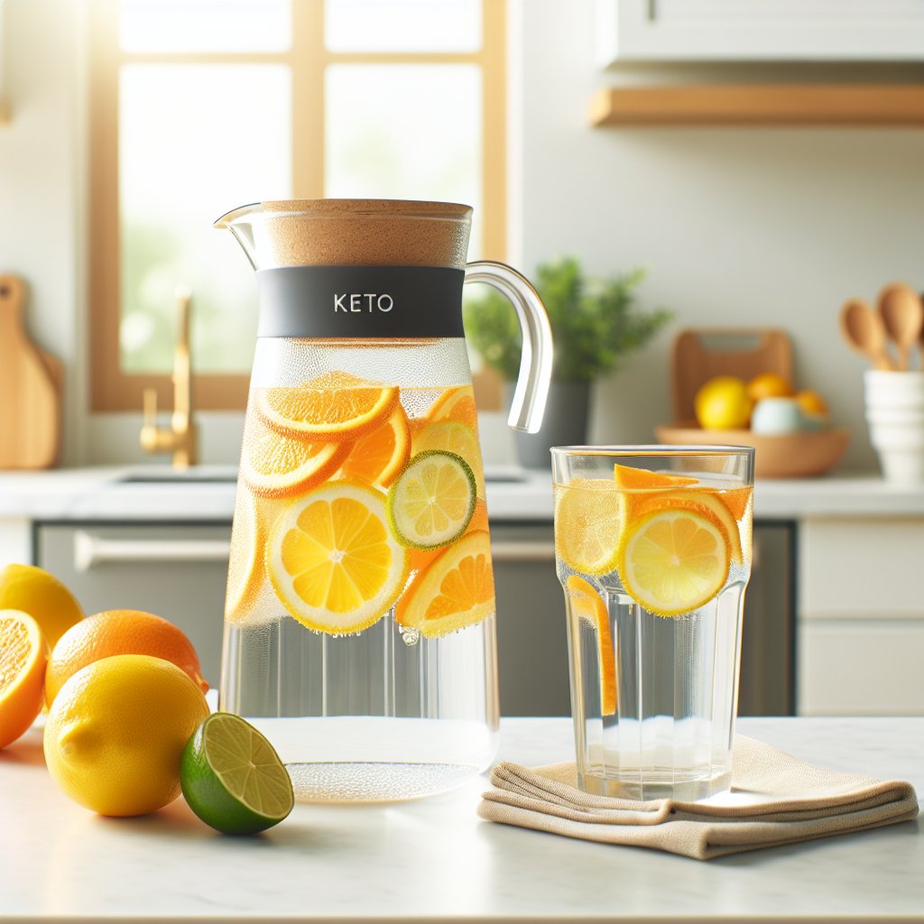 Vibrant ketogenic citrus infused water pitcher and glass on modern kitchen countertop