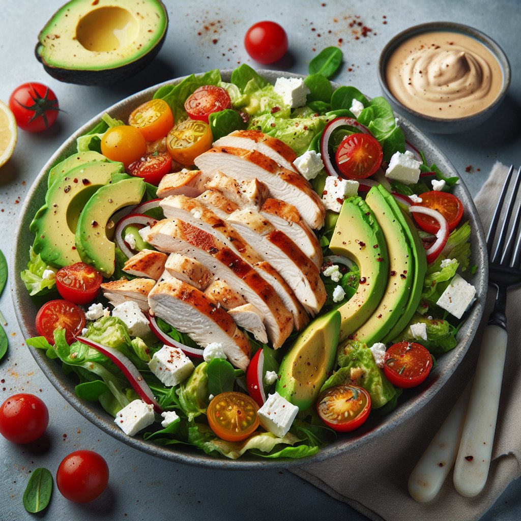 Keto-friendly Costco Chicken Salad with grilled chicken, mixed greens, cherry tomatoes, avocado slices, feta cheese, and creamy low-carb vinaigrette.