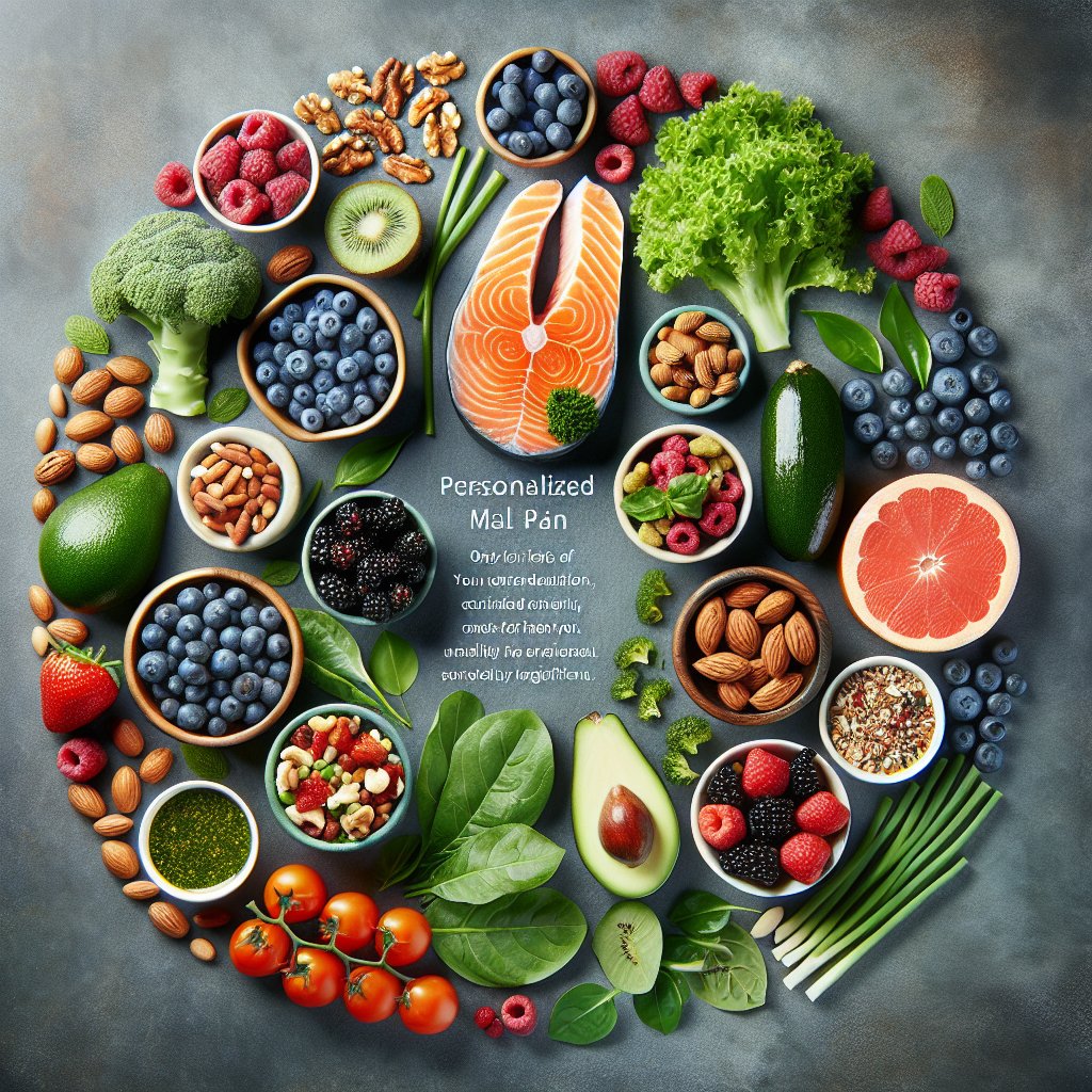 A beautifully arranged keto meal plan spread featuring avocado, salmon, leafy greens, nuts, and berries, conveying personalized nutrition and mindful meal planning.