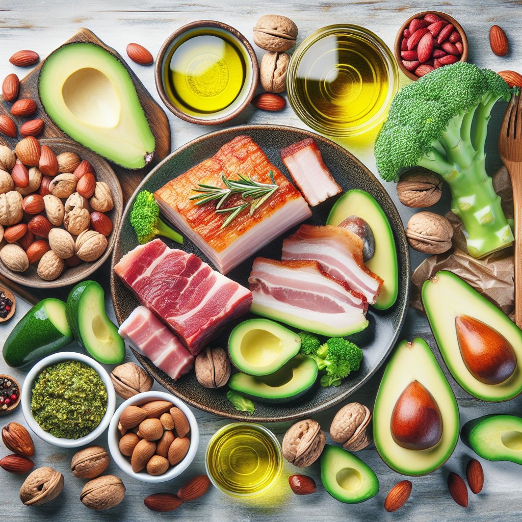 A vibrant composition of low-carb, high-fat foods featuring avocados, nuts, olive oil, and fatty cuts of meat, evoking indulgent yet health-conscious eating.