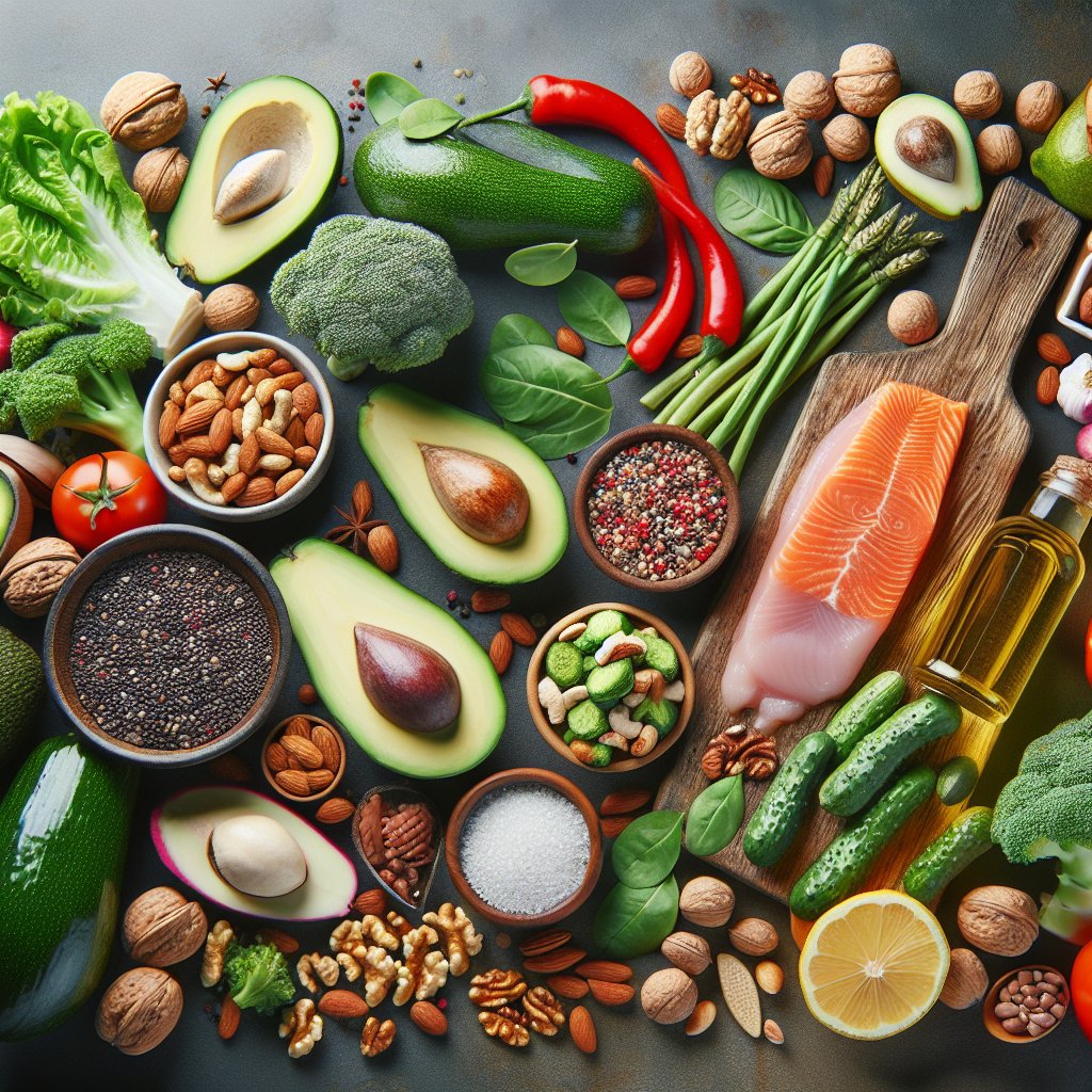Assortment of keto-friendly foods including vegetables, avocados, nuts, and lean protein sources promoting weight loss, improved energy, and better blood sugar control.