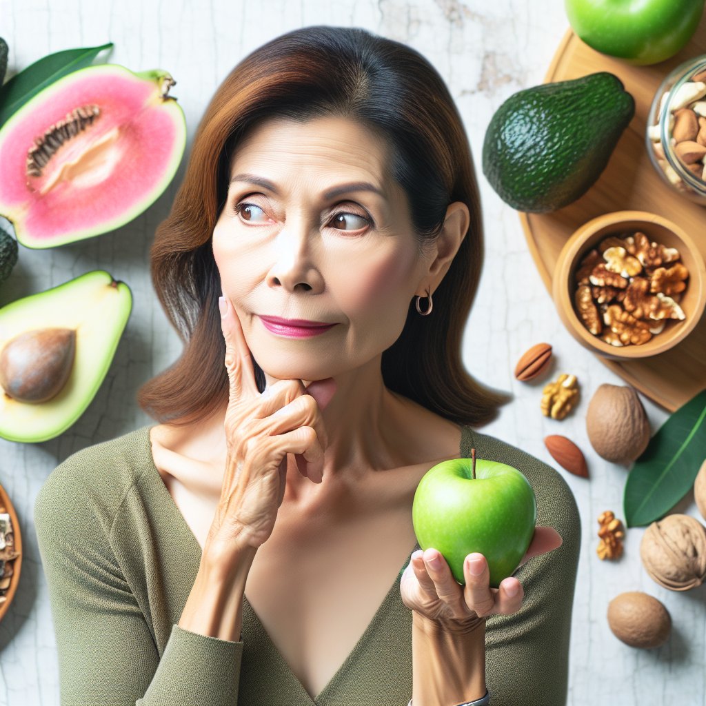 Person on keto diet contemplating a green apple surrounded by keto-friendly food items like avocados, nuts, and leafy greens