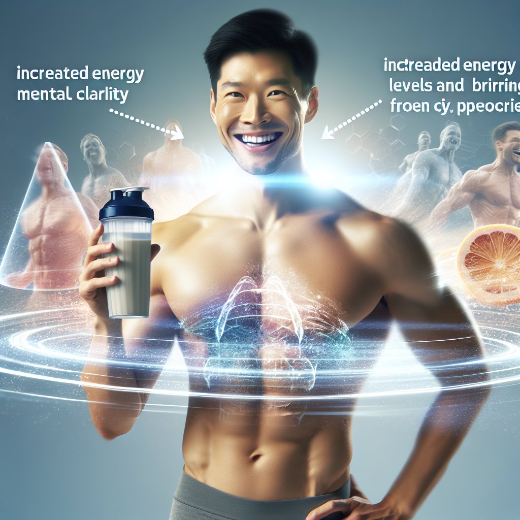 A person with a radiant smile holding a protein shake, surrounded by symbols of improved energy levels and weight loss progress.