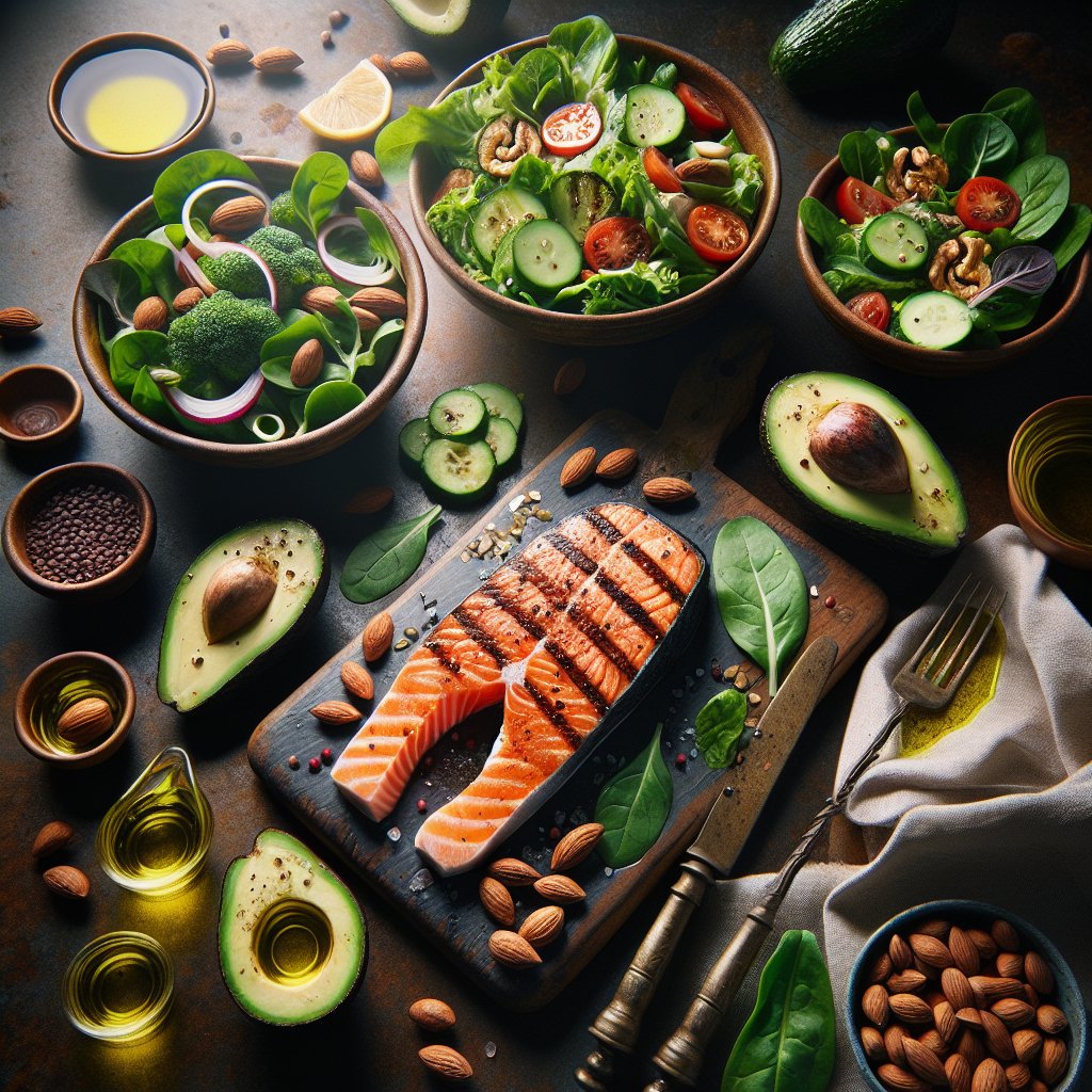 Vibrant ketogenic meal spread featuring avocado, grilled salmon, leafy greens, and nuts