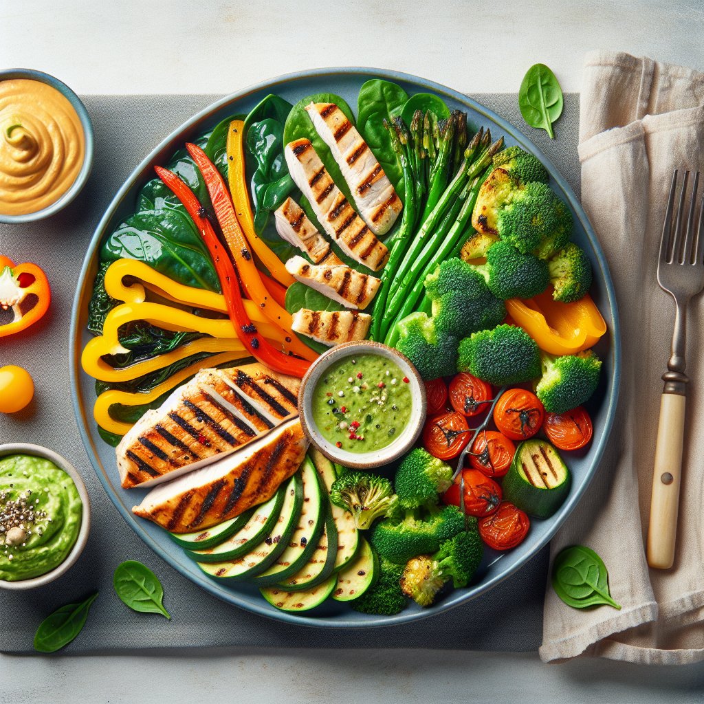 Colorful keto-friendly dinner platter with grilled lean protein, low-carb vegetables, and creamy avocado dressing