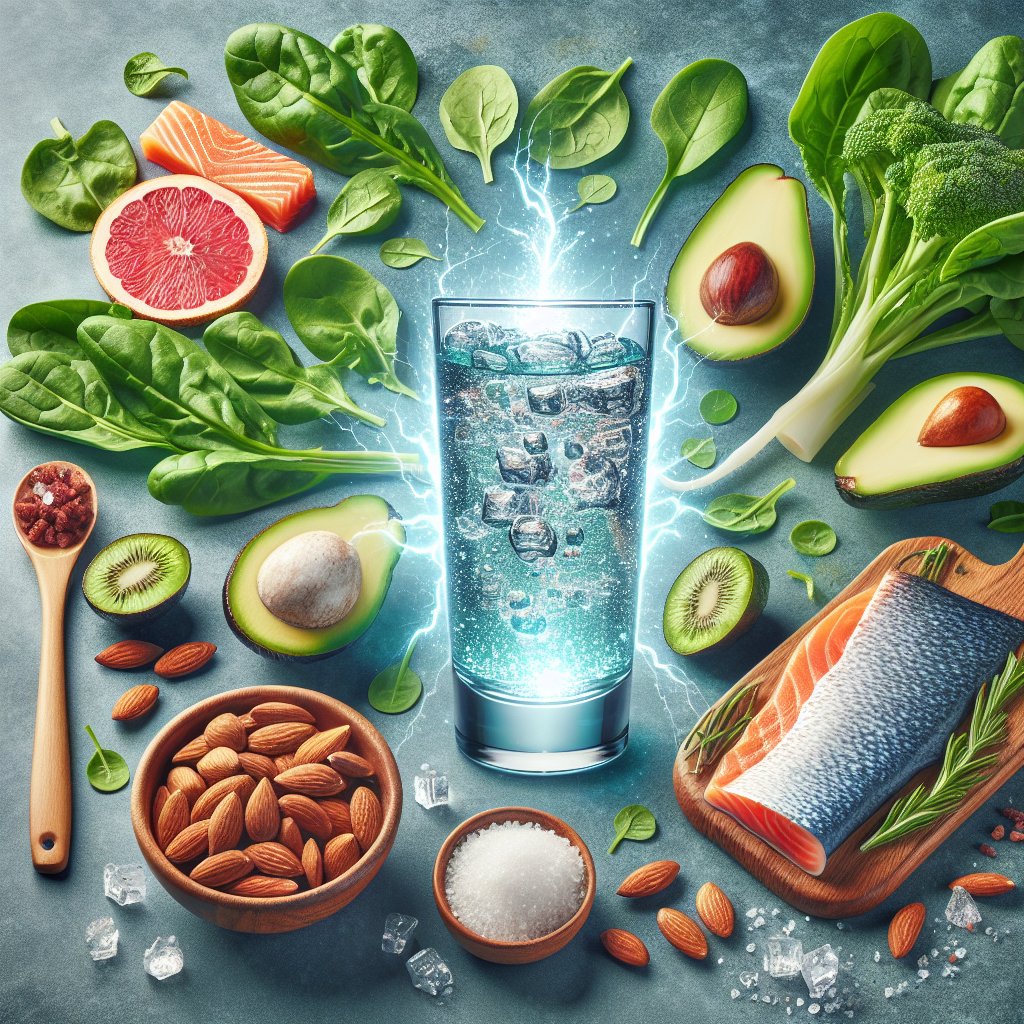 Vibrant glass of electrolyte drink surrounded by fresh keto-friendly ingredients like avocados, spinach, almonds, and salmon, showcasing a balance of key electrolytes for combating keto flu and boosting performance.