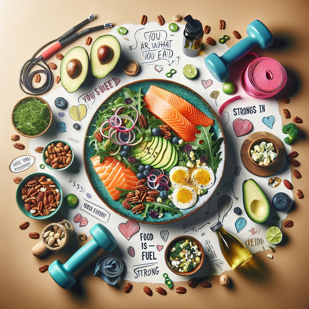 Vibrant plate filled with colorful, keto-friendly foods, surrounded by fitness equipment and motivational quotes