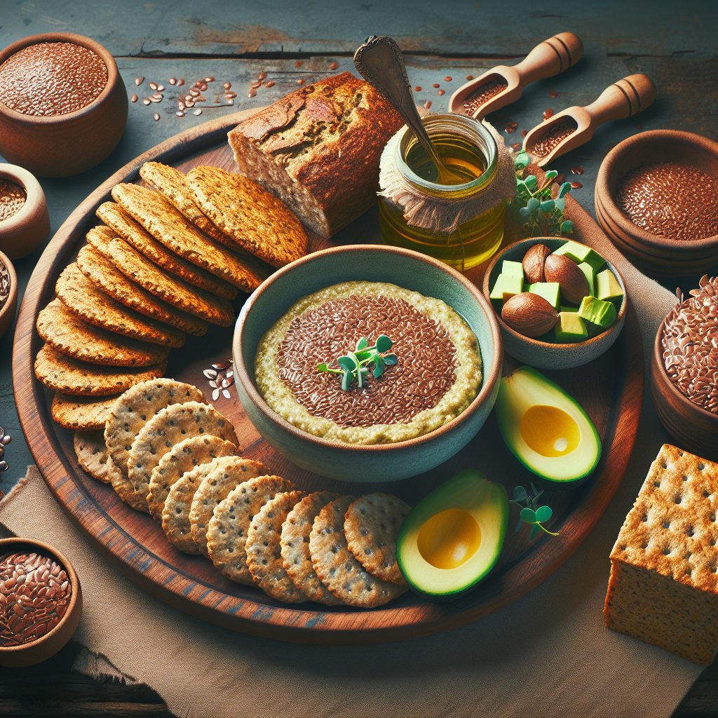 Keto-friendly flax seed-based spread with crackers, bread, and porridge on rustic wooden table