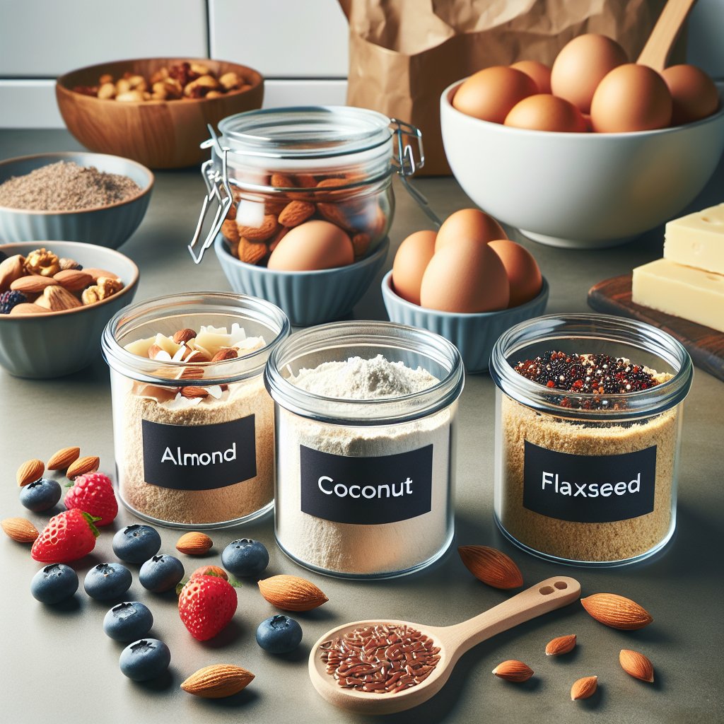 Vibrant kitchen scene with almond flour, coconut flour, flaxseed flour, fresh berries, nuts, and eggs on sleek countertop