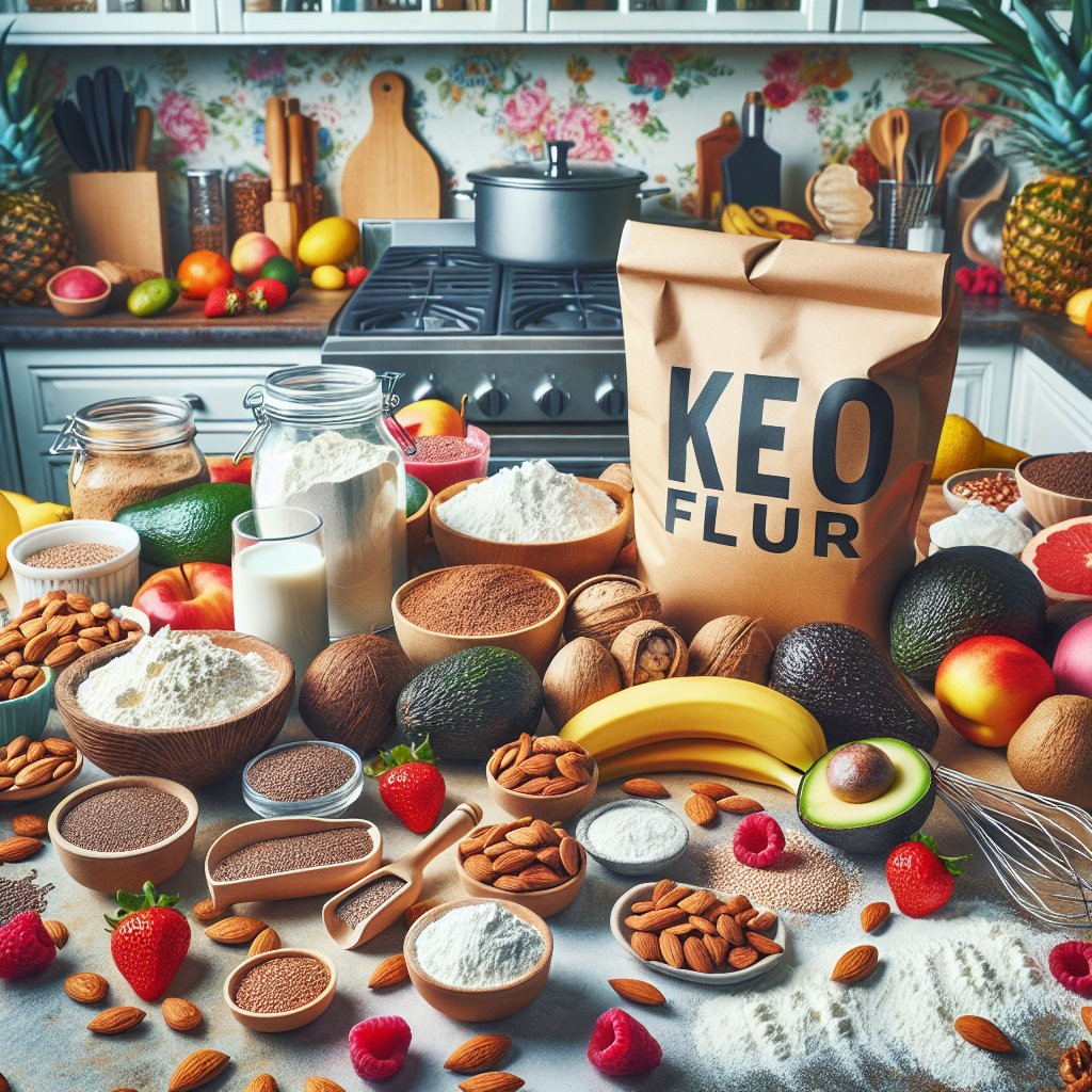 Vibrant kitchen scene with keto-friendly ingredients and baking supplies, emphasizing the versatility of keto flour.