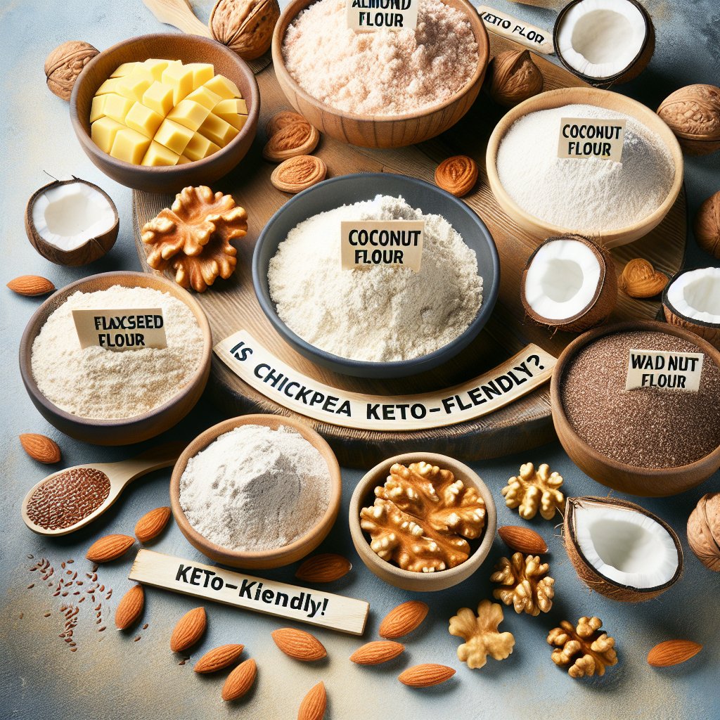 Assorted low-carb flours including almond flour, coconut flour, flaxseed flour, and walnut flour neatly arranged and labeled, conveying a sense of culinary diversity and healthy alternatives for keto cooking.