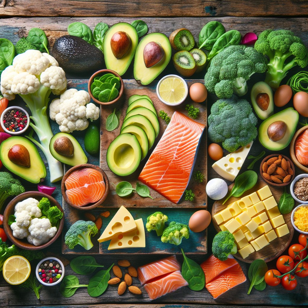 Colorful keto-friendly food spread including avocado, salmon, spinach, cauliflower, and cheese on a wooden table