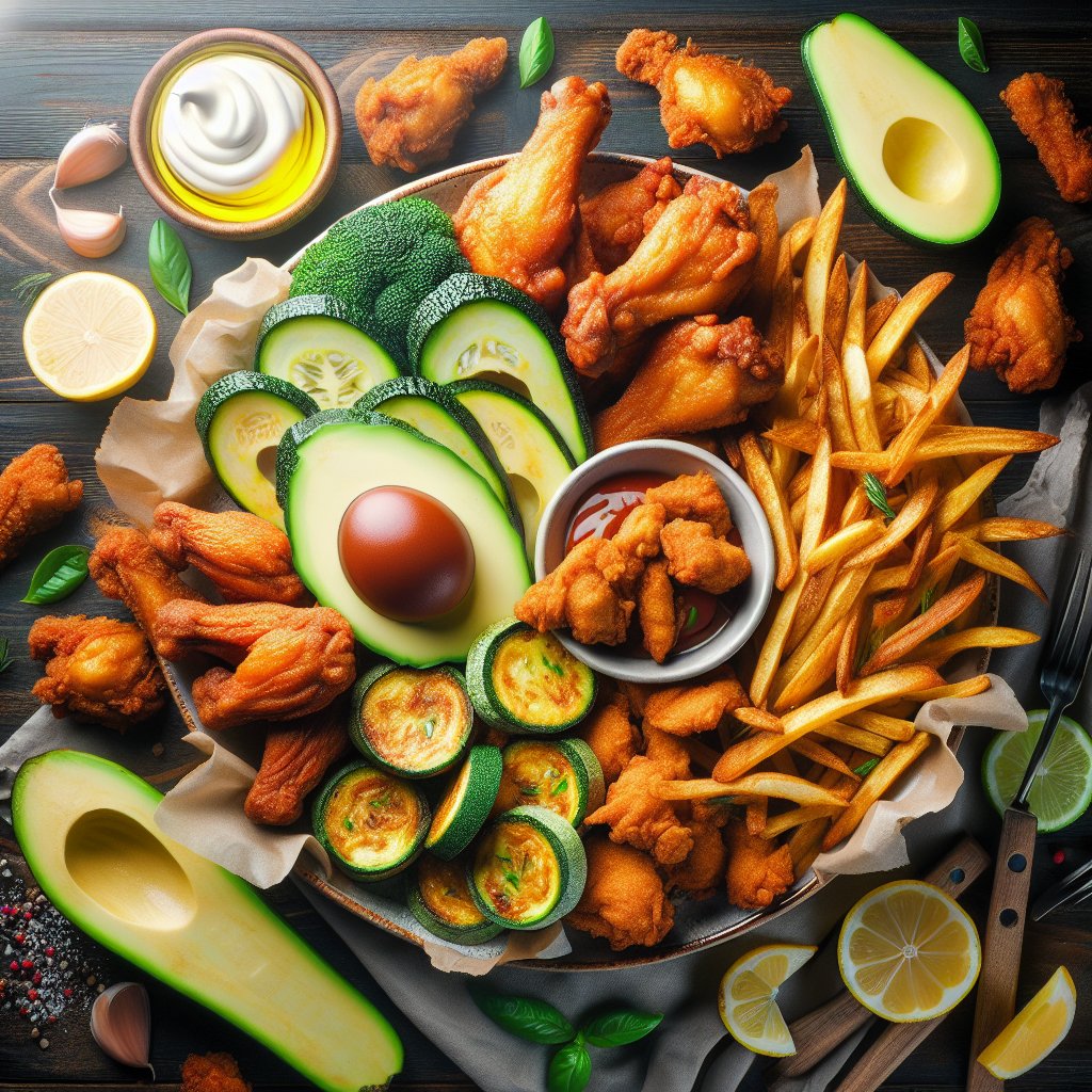 Plate of low-carb, high-fat fried foods including crispy chicken wings, zucchini fries, and avocado fries
