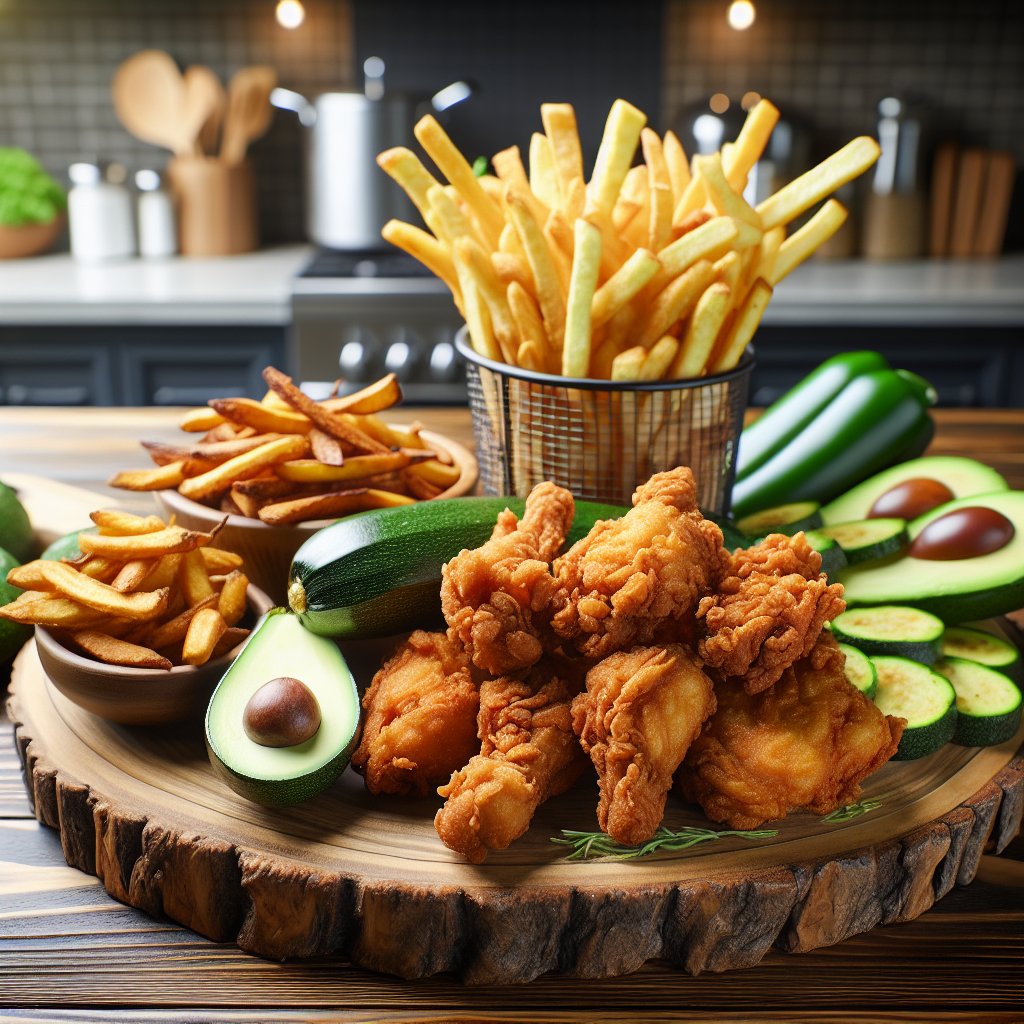 Mouth-watering keto-friendly fried food platter with crispy chicken, zucchini fries, and avocado fries on wooden serving board
