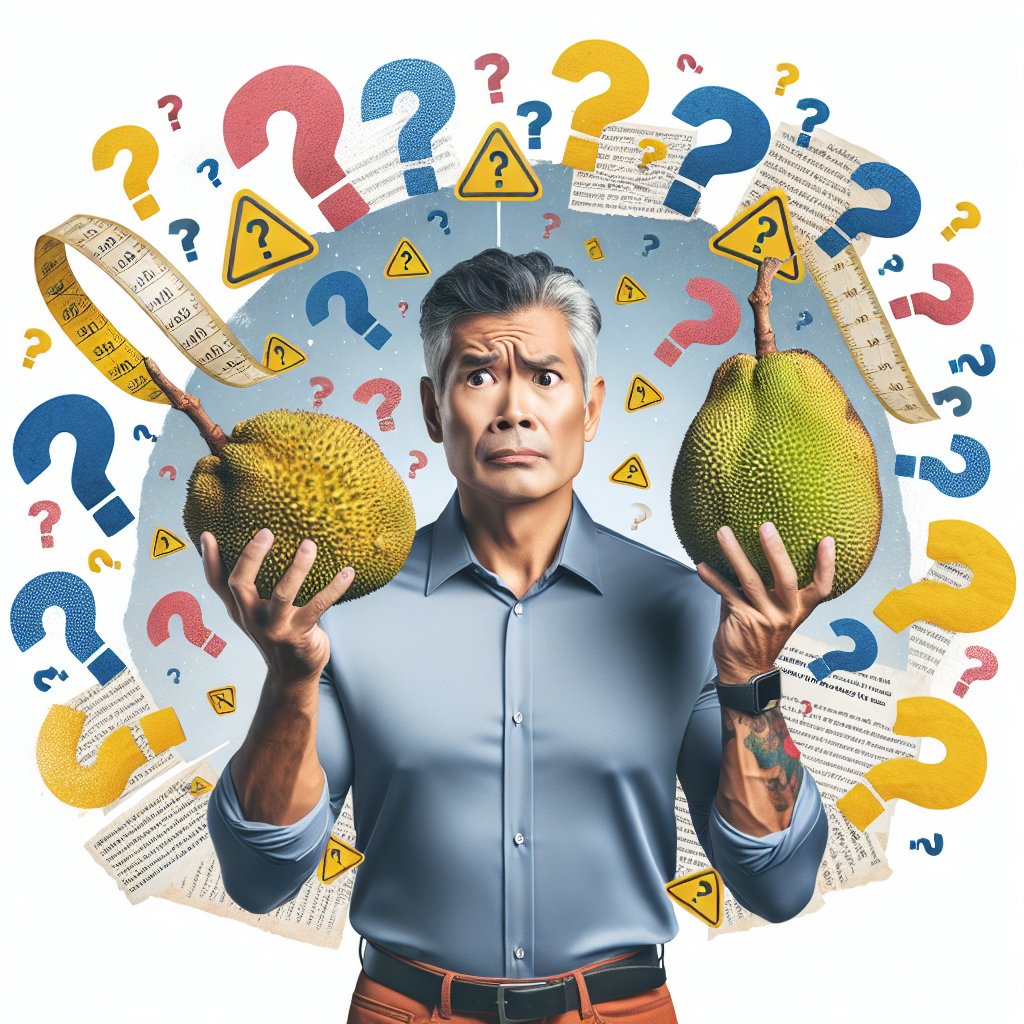 Person on ketogenic diet looking puzzled while holding a breadfruit, surrounded by question marks and caution signs