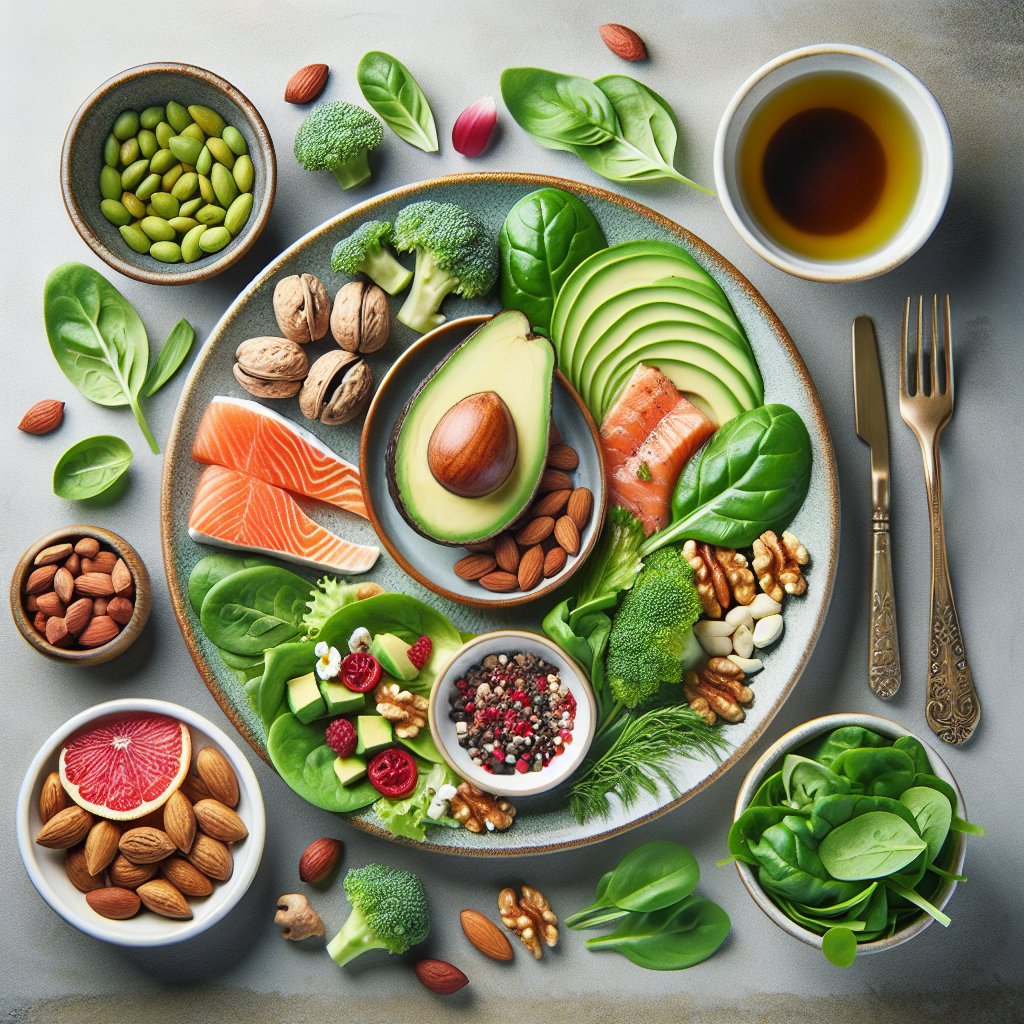 Colorful plate with avocados, nuts, leafy greens, and lean proteins representing ketogenic diet