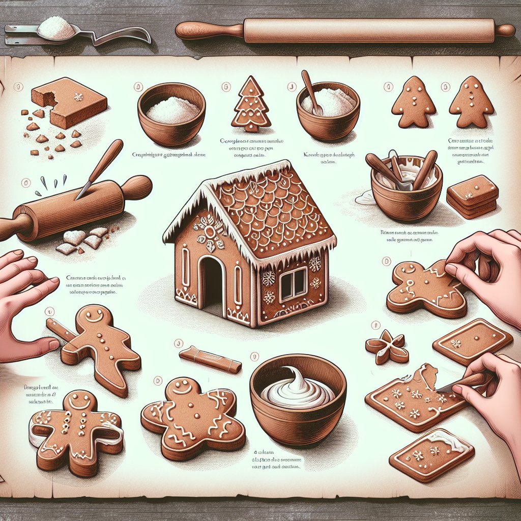 Step-by-step guide to assembling a keto gingerbread house, including kneading dough, cutting out house shapes, and piping sugar-free icing for decoration.