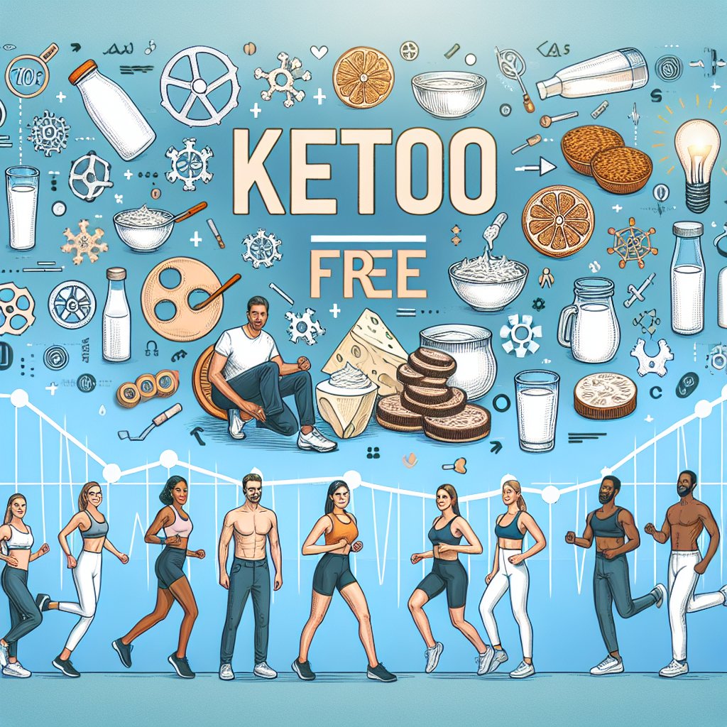 Diverse, active individuals choosing lactose-free milk as part of their ketogenic journey, surrounded by symbols of wellness and sustainability.