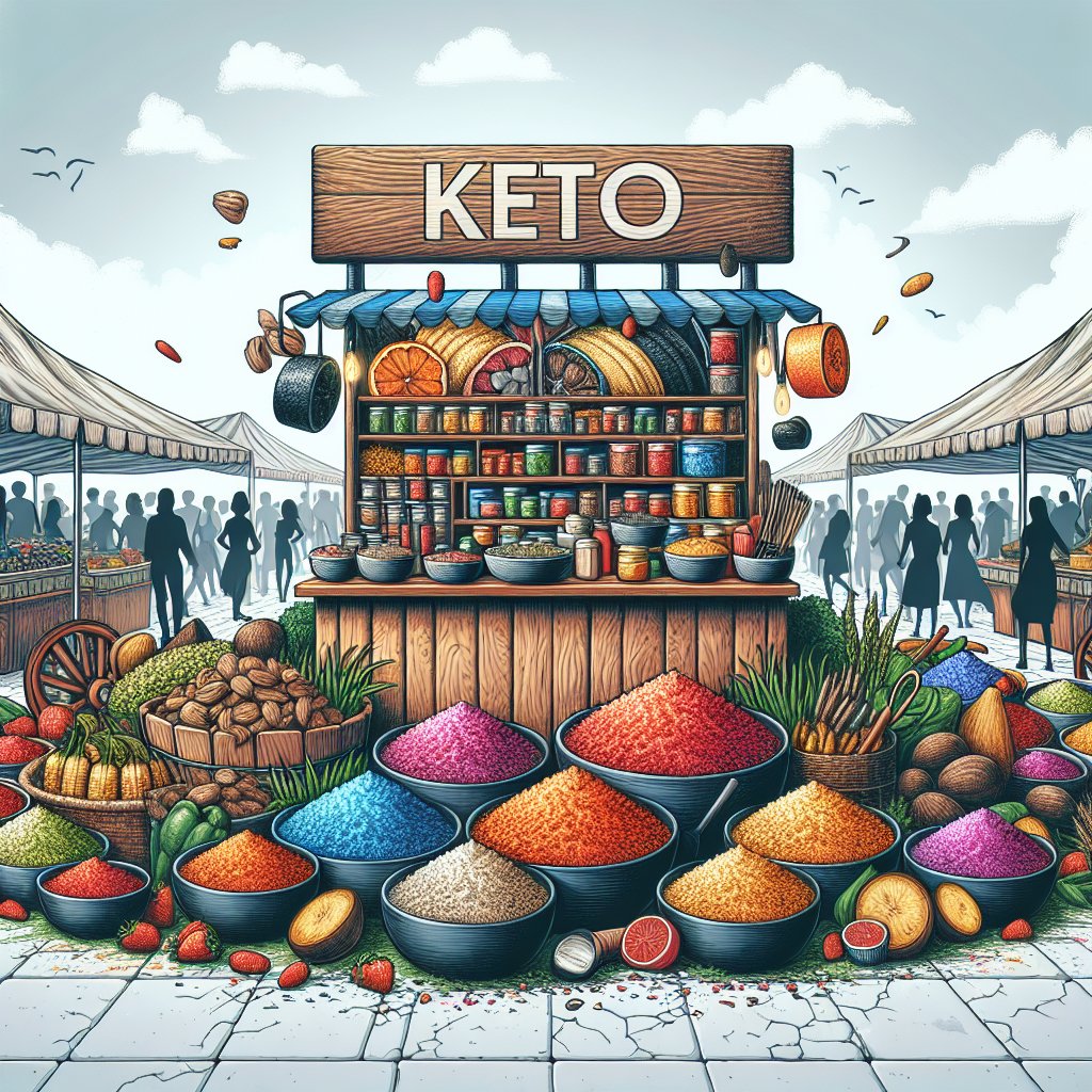 Vibrant keto-friendly ingredients and products on display at a bustling marketplace stall