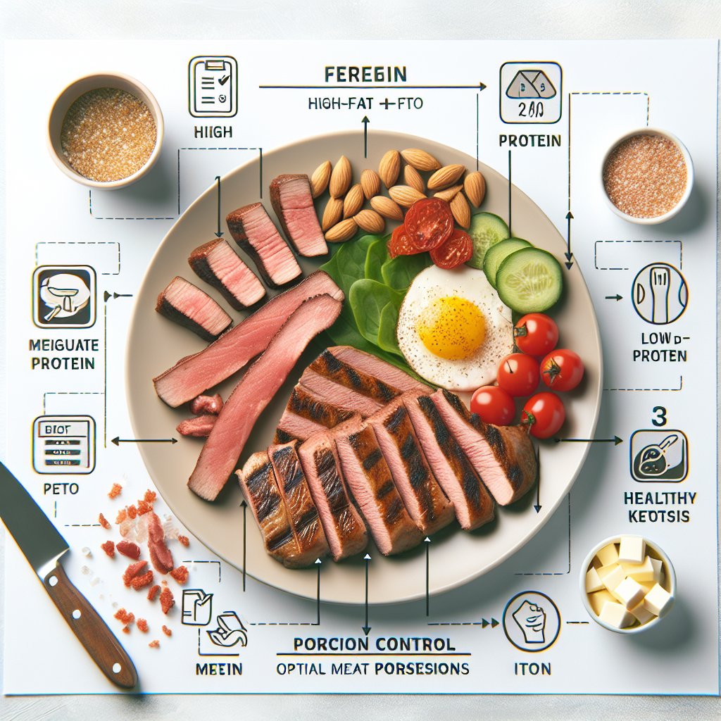 A well-balanced keto meal with recommended meat portions, emphasizing portion control and the balance of high-fat, moderate-protein, and low-carb intake.