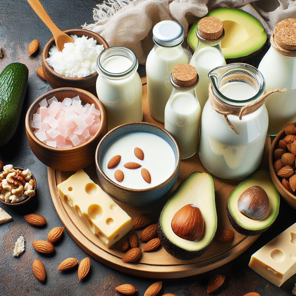 Variety of milk options, such as whole milk, skim milk, almond milk, and coconut milk, displayed with keto-friendly foods like avocado, nuts, and cheese, showcasing the contrast between traditional milk and low-carb alternatives for a ketogenic lifestyle.