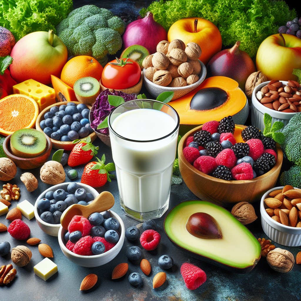 A visual representation of a glass of milk surrounded by a variety of nutrient-rich foods, including fruits, nuts, and leafy greens, illustrating the benefits of incorporating milk in moderation into a keto-friendly diet.