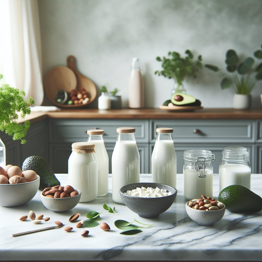 Sleek kitchen countertop with assorted keto-friendly milk options and ingredients