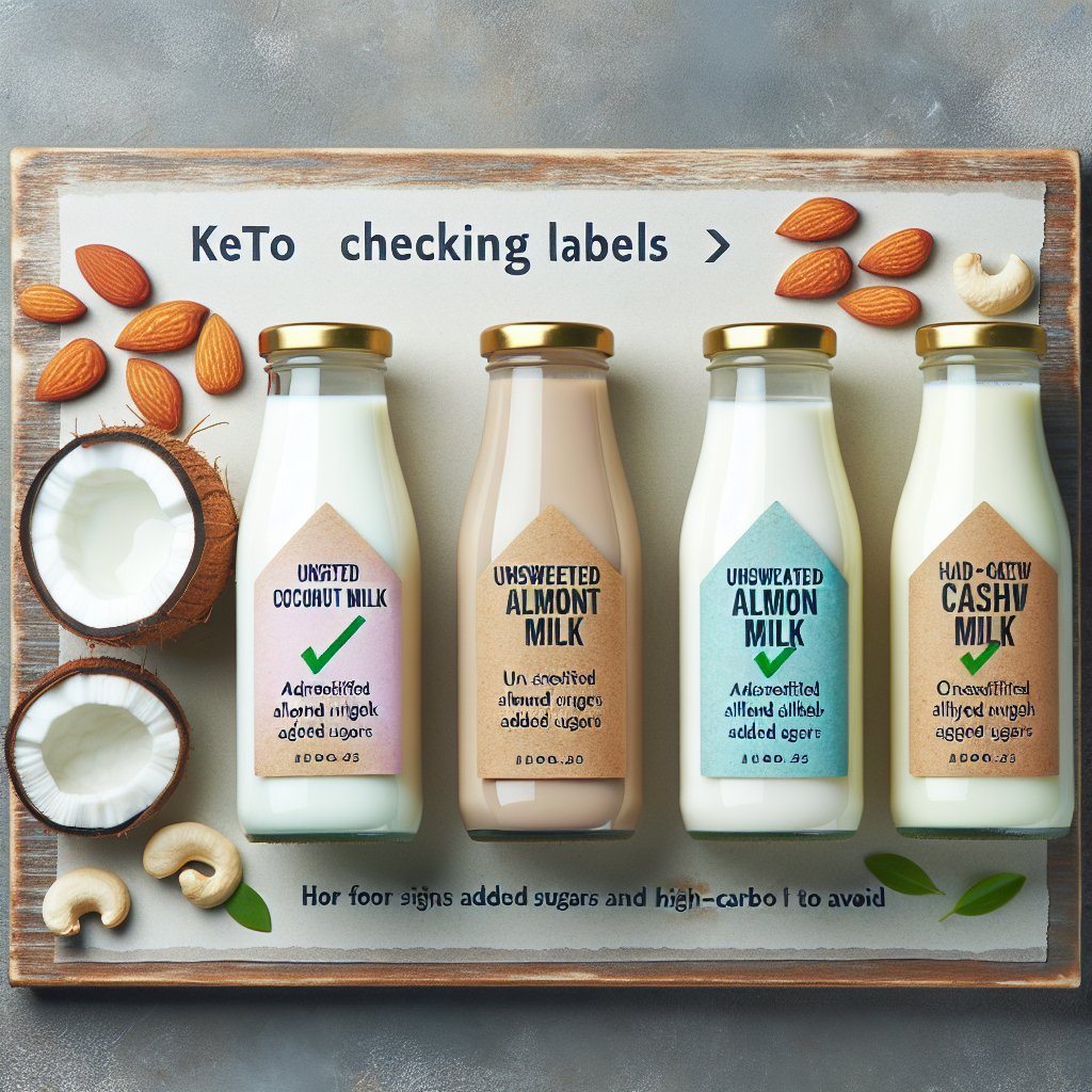 Assorted keto-friendly milk options including unsweetened almond milk, coconut milk, and cashew milk.