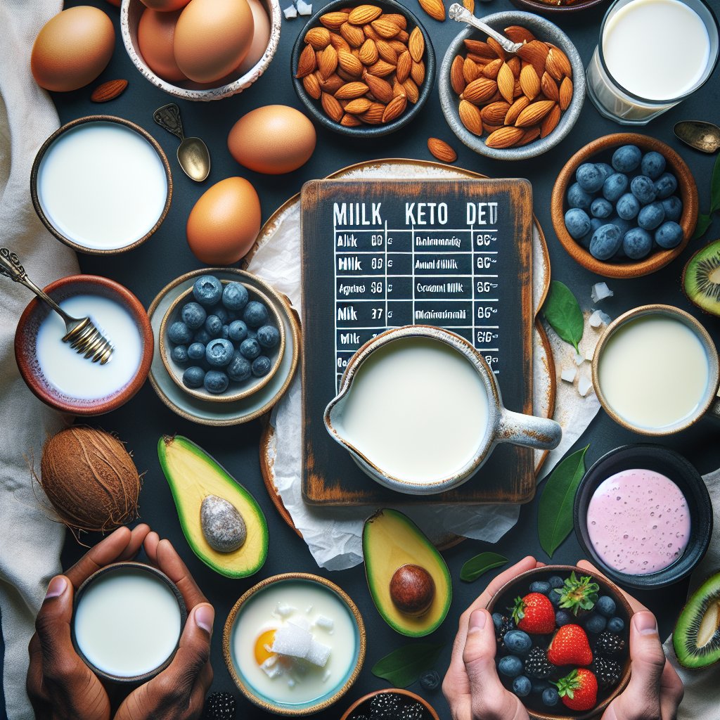 Assortment of almond, coconut, and hemp milk options with eggs, avocados, and berries for a balanced ketogenic breakfast spread.