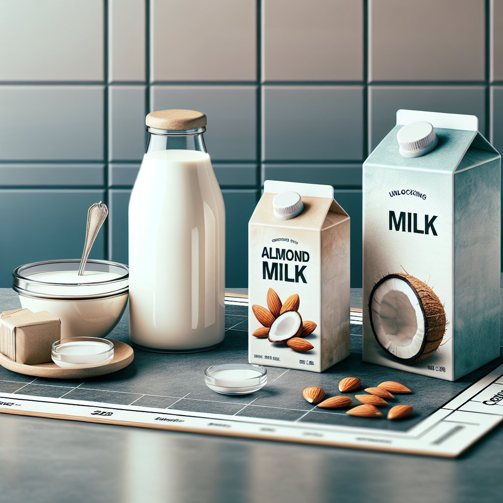 Various types of milk - whole milk, almond milk, and coconut milk - arranged on a modern kitchen countertop, showcasing diverse options for keto-friendly milk choices.