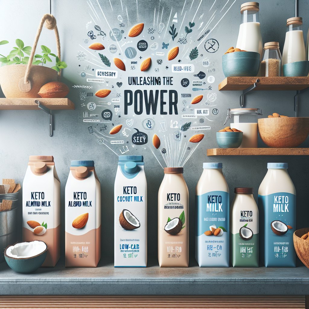 A vibrant display of keto-friendly milks including almond milk, coconut milk, and flaxseed milk, showcasing their low-carb and high-fat nutritional value.