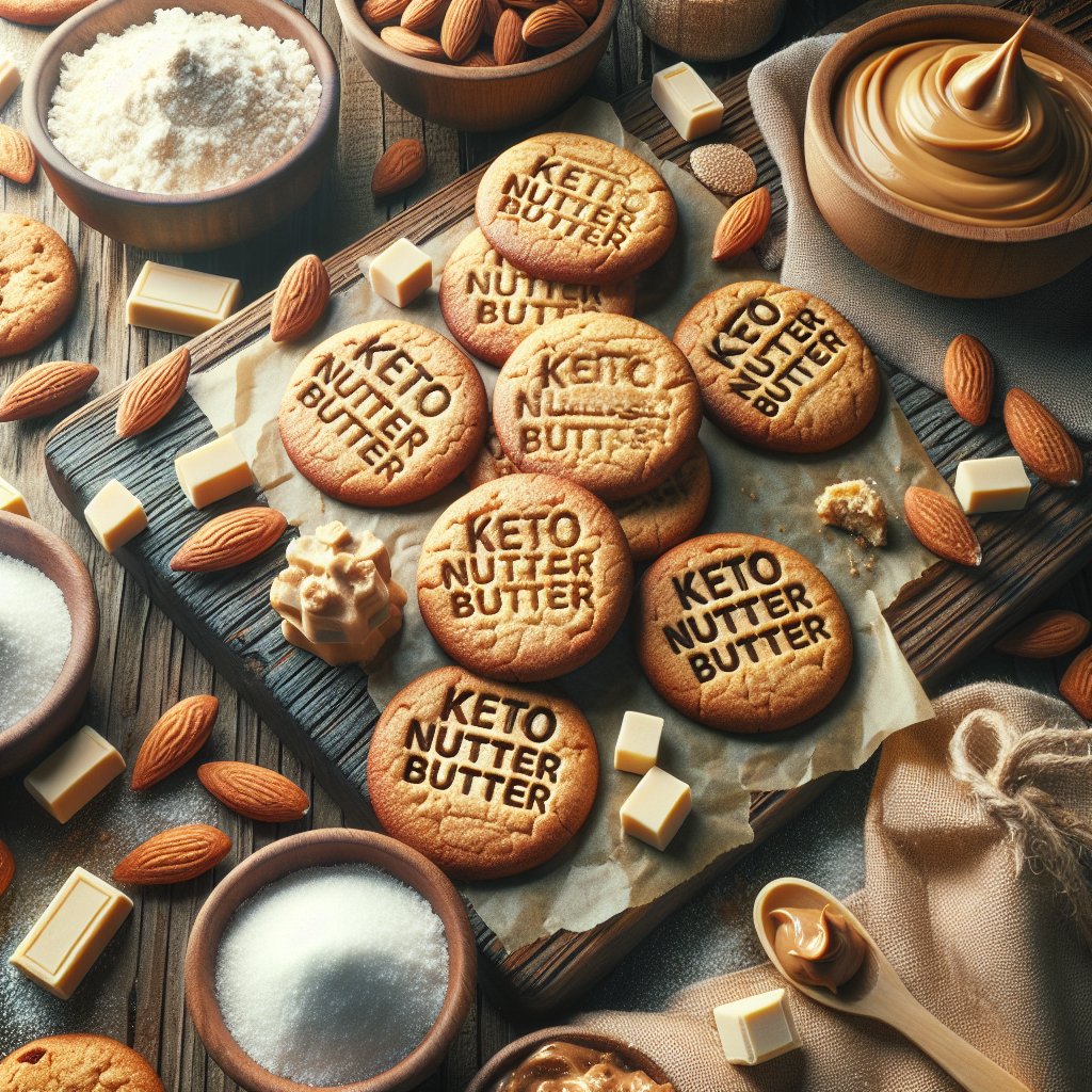 Freshly baked keto nutter butter cookies arranged on rustic wooden background with ingredients