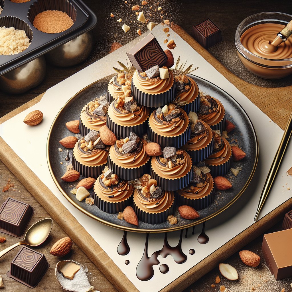 Delectable keto peanut butter cups fat bombs garnished with nuts and sugar-free chocolate syrup on a stylish platter