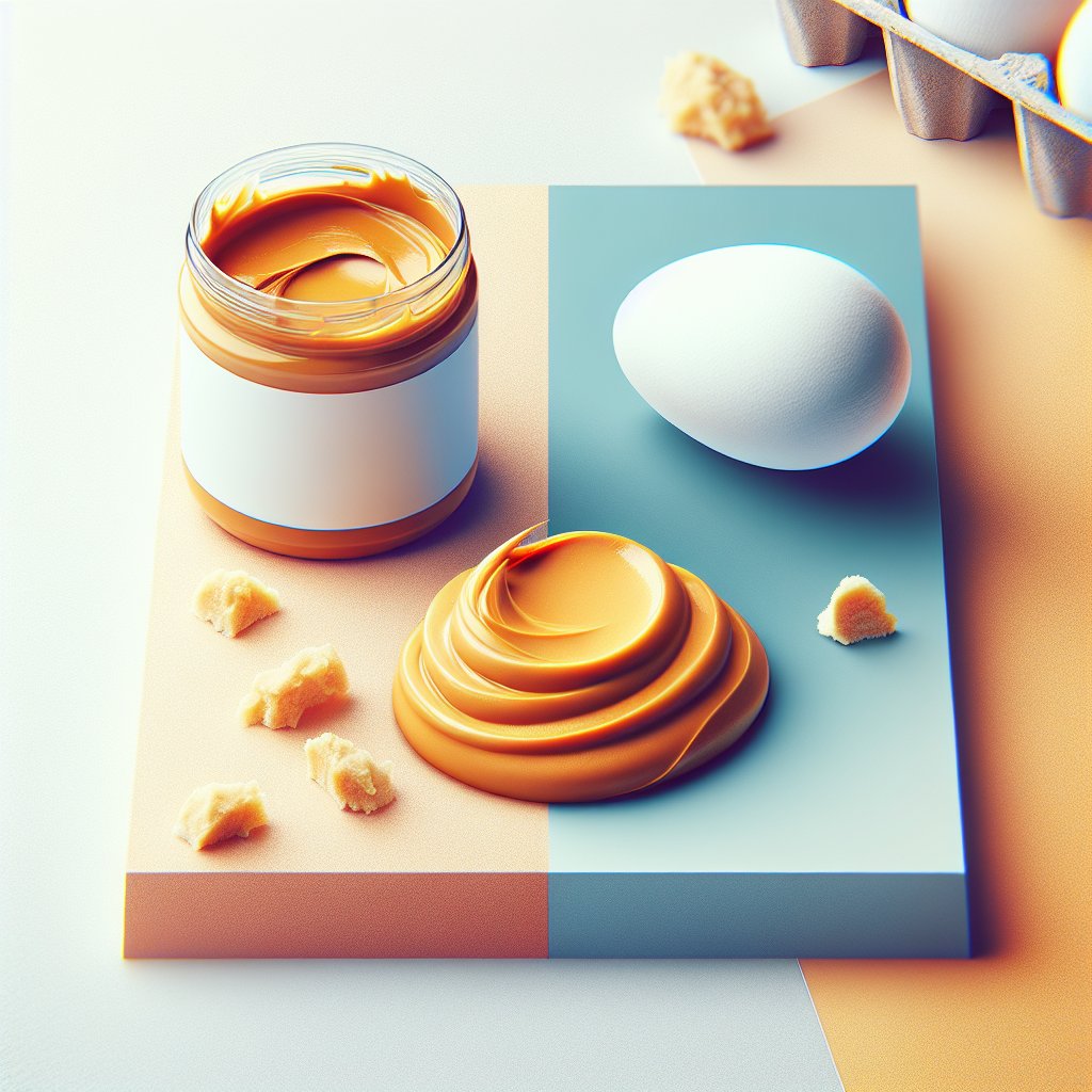 Vibrant image of peanut butter and eggs on a modern kitchen countertop