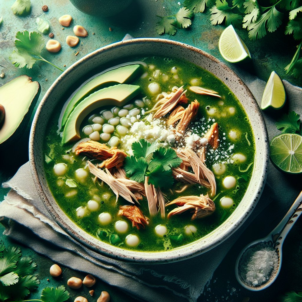 Steaming bowl of keto pozole verde garnished with cilantro, avocado, and queso fresco