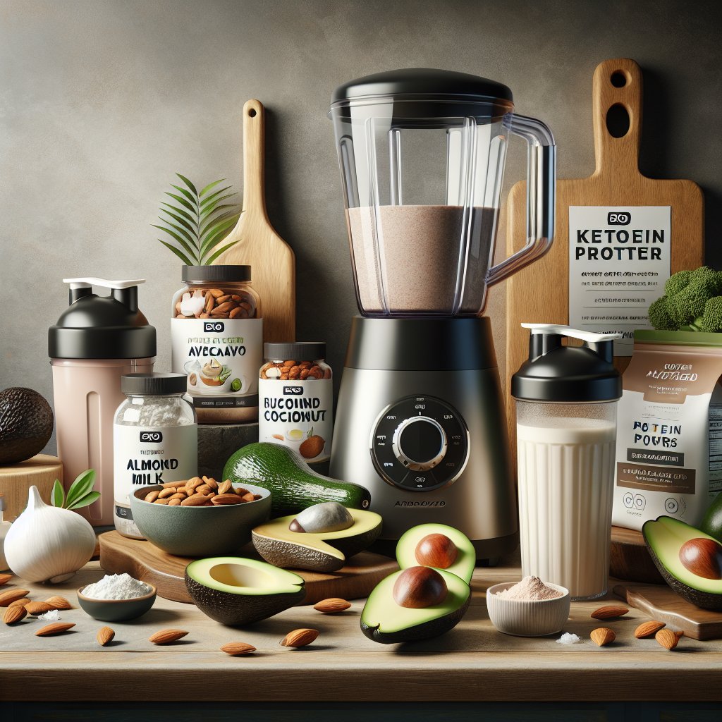 Vibrant and inviting kitchen countertop with a variety of keto-friendly ingredients neatly organized, including avocados, coconut oil, almond milk, and high-quality protein powders, along with a modern blender and sleek shaker bottle.