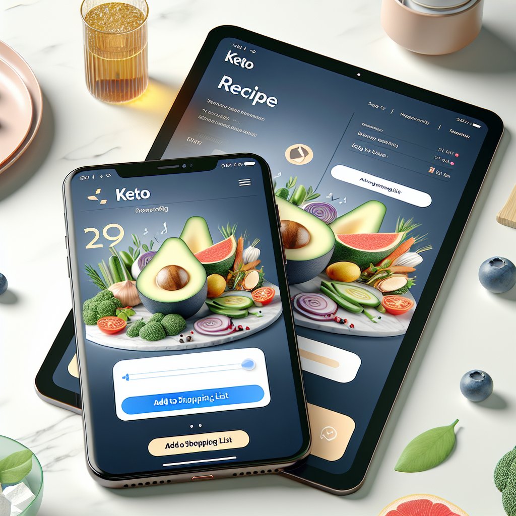 Keto recipe interface with shopping list feature