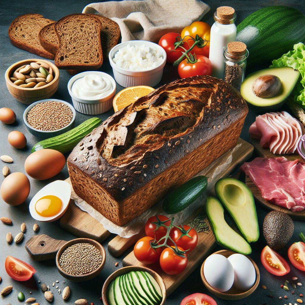 Mouthwatering rye bread loaf surrounded by vibrant, high-quality keto ingredients