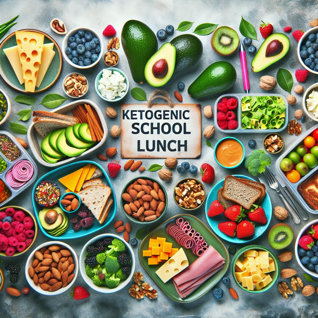 Colorful and appealing ketogenic school lunch spread featuring avocado, nuts, cheese, berries, and lean meats, emphasizing high-fat, moderate-protein, and low-carb foods for children's focus and health.