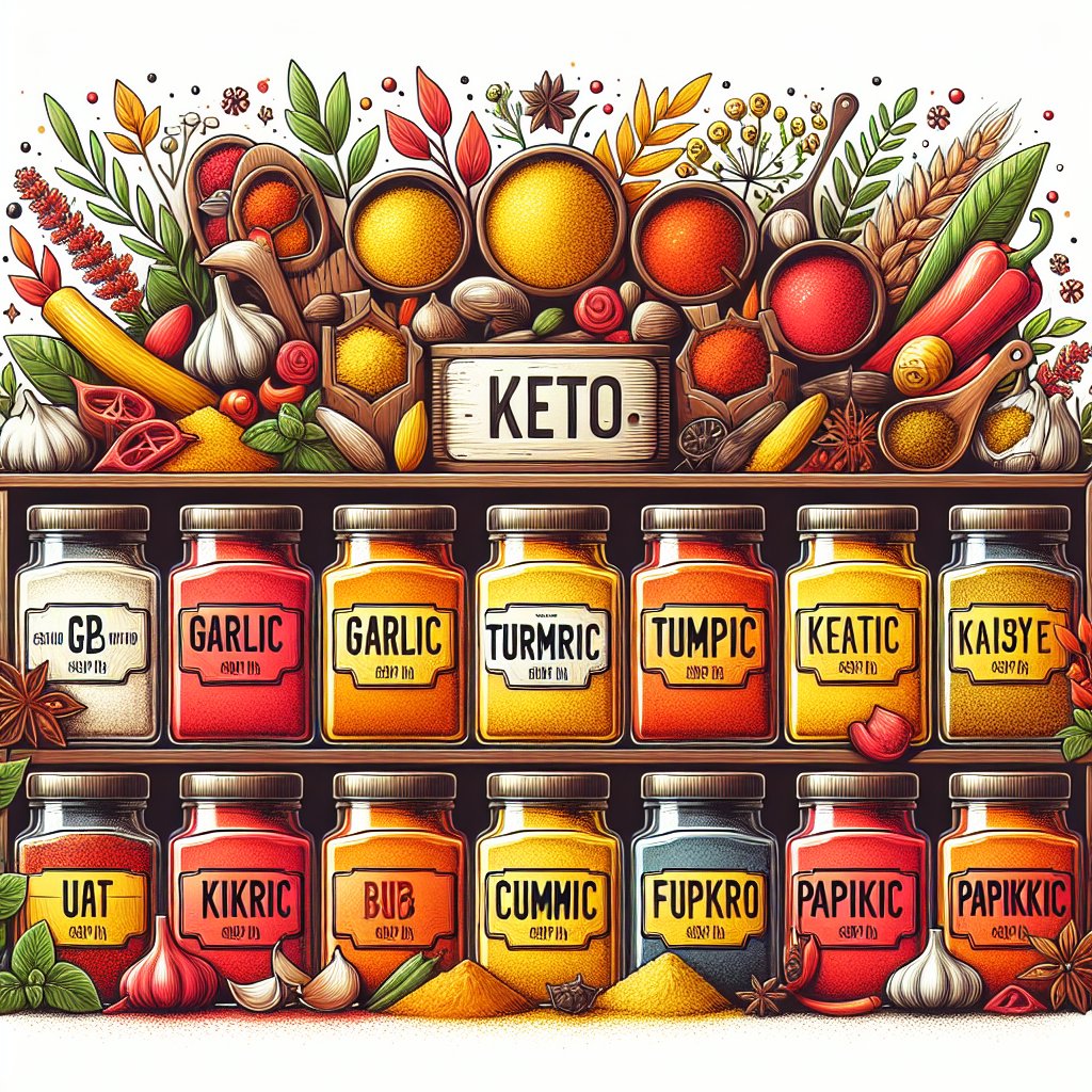Vibrant collection of keto-friendly seasonings including garlic powder, turmeric, cumin, and paprika against a fresh, healthy background.