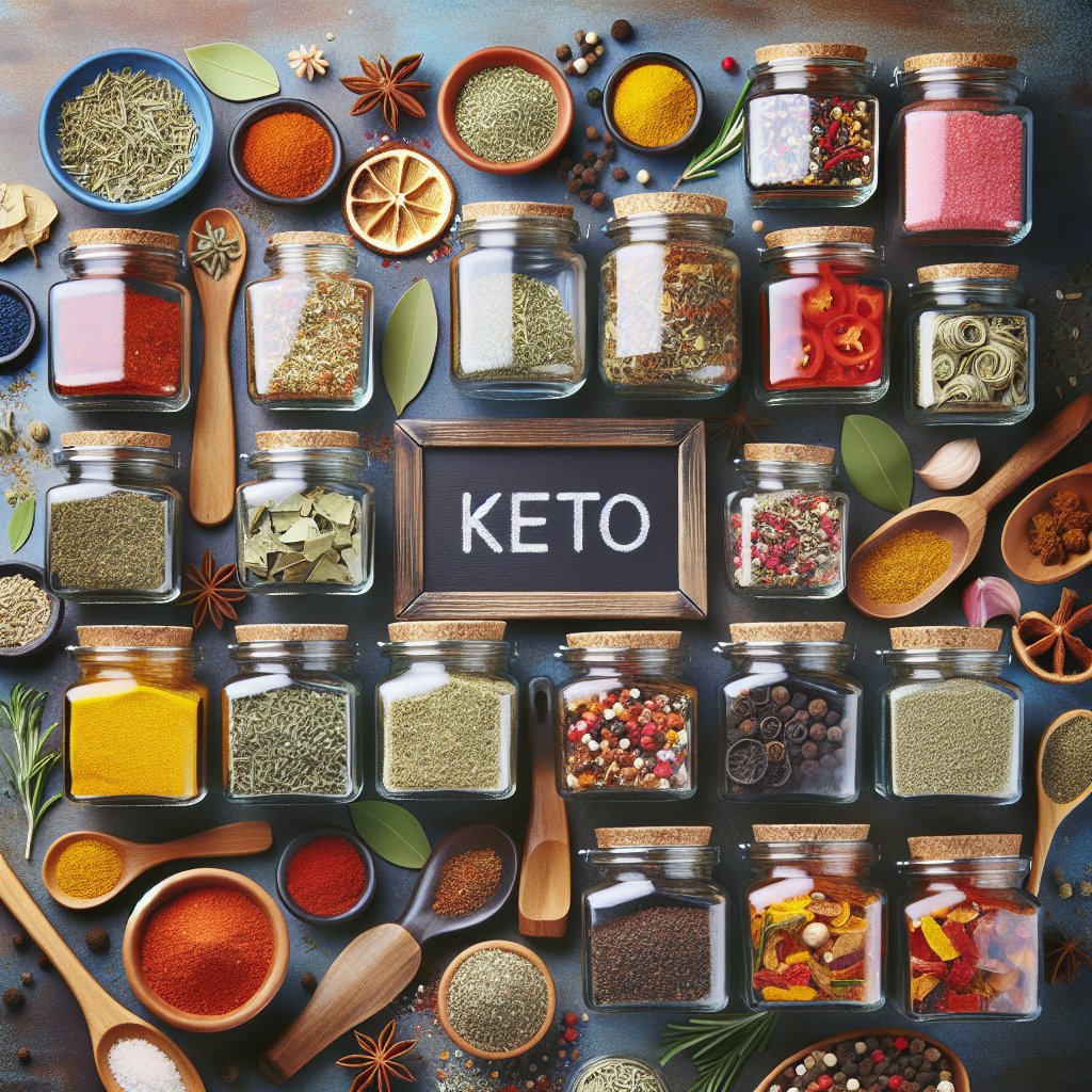 Assorted homemade keto seasonings in colorful jars and containers