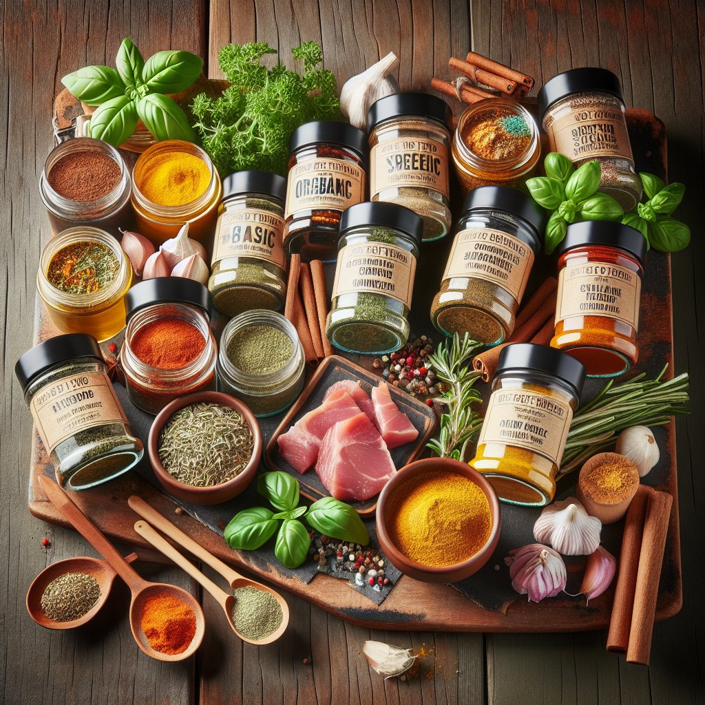 Variety of organic and natural keto-friendly seasonings arranged on a rustic wooden cutting board with visible labels, featuring vibrant herbs like basil, oregano, and rosemary, as well as spices like garlic powder, turmeric, and cinnamon. Some seasonings are being used to marinate meats and enhance vegetables, while proper storage containers are nearby to maintain freshness.