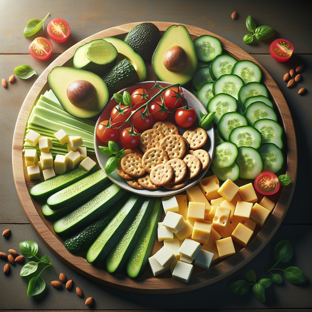 Vibrant keto-friendly snack platter with avocado slices, cucumber rounds, cheese cubes, cherry tomatoes, and almond flour crackers