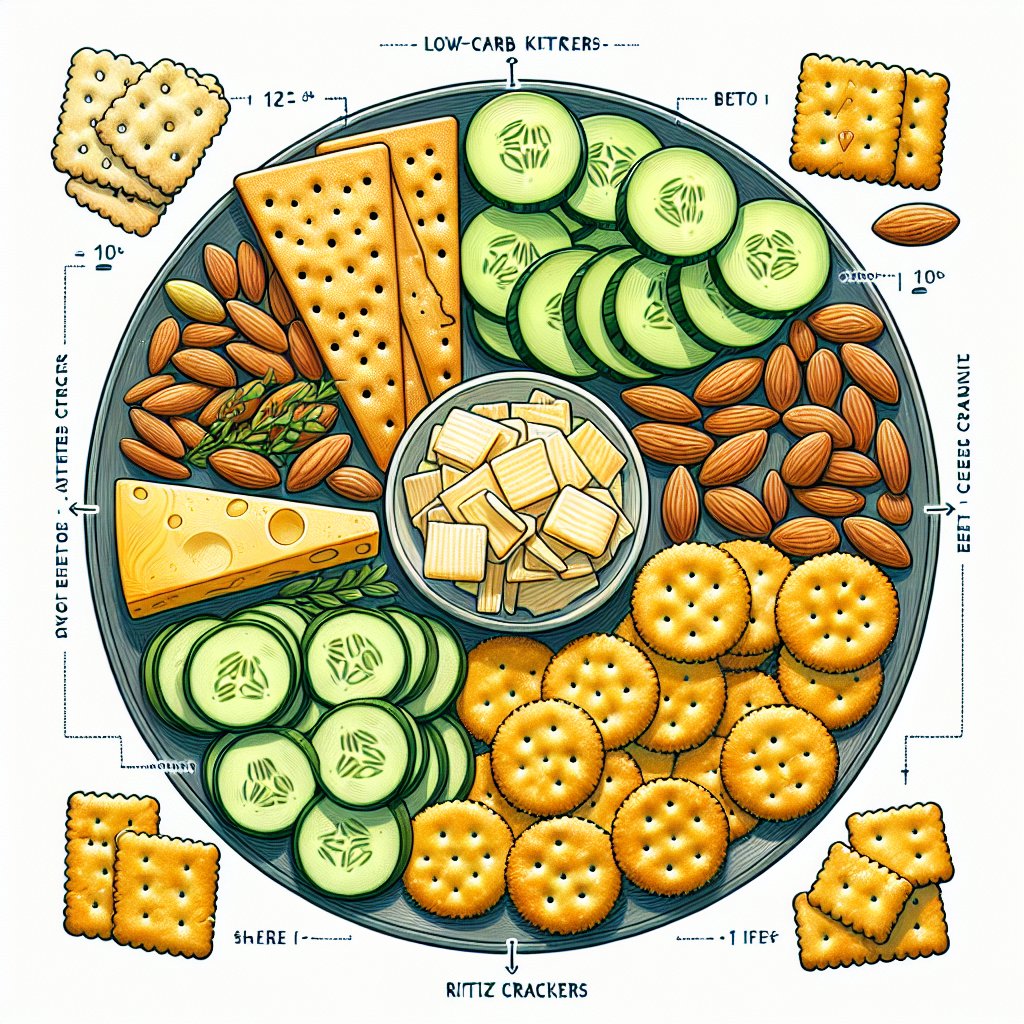 Beautifully arranged keto-friendly snack platter showcasing contrast between traditional high-carb snacks and their low-carb alternatives