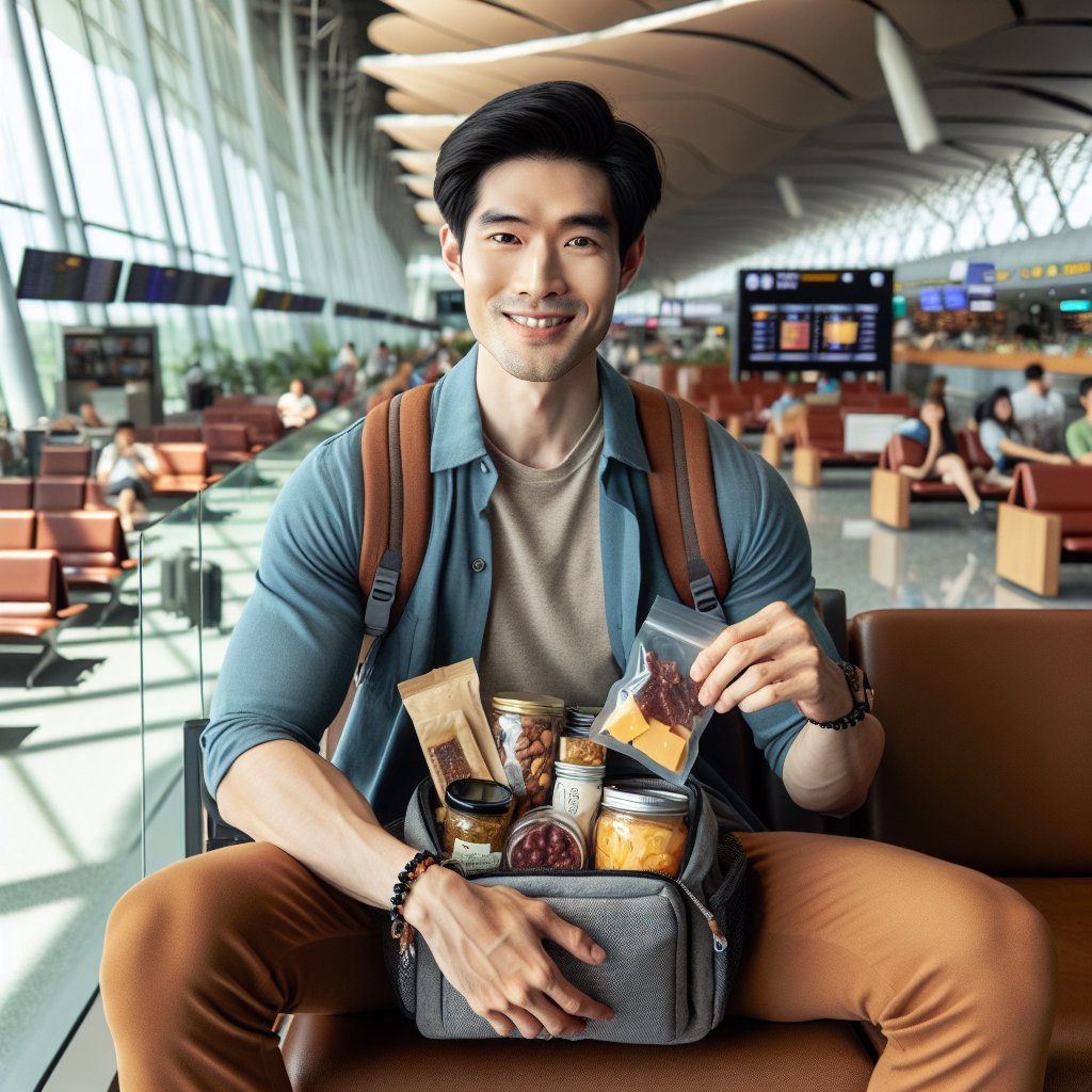 Smiling traveler in airport lounge holding keto-friendly snack pack
