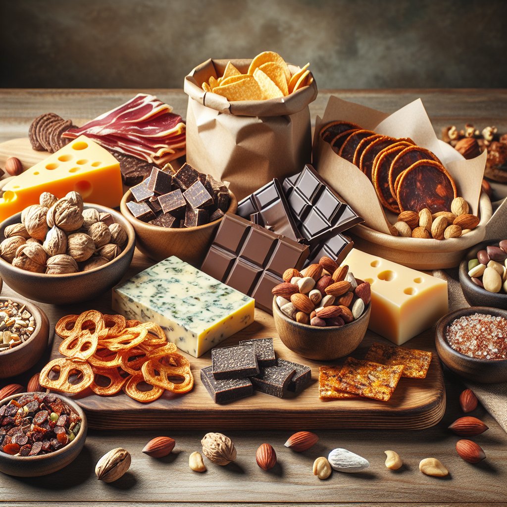 Assorted store-bought keto snacks arranged beautifully on a wooden cutting board.