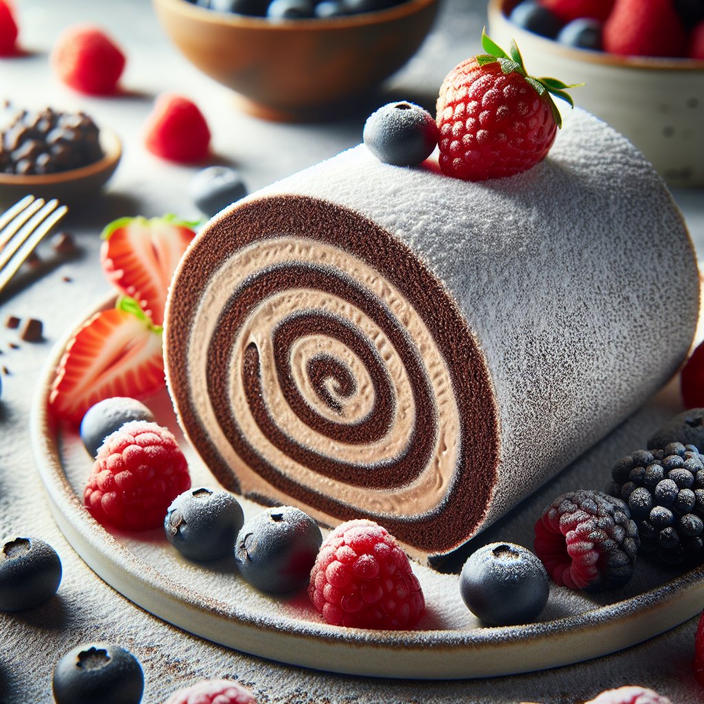 Keto Swiss Roll with Chocolate Filling and Berries